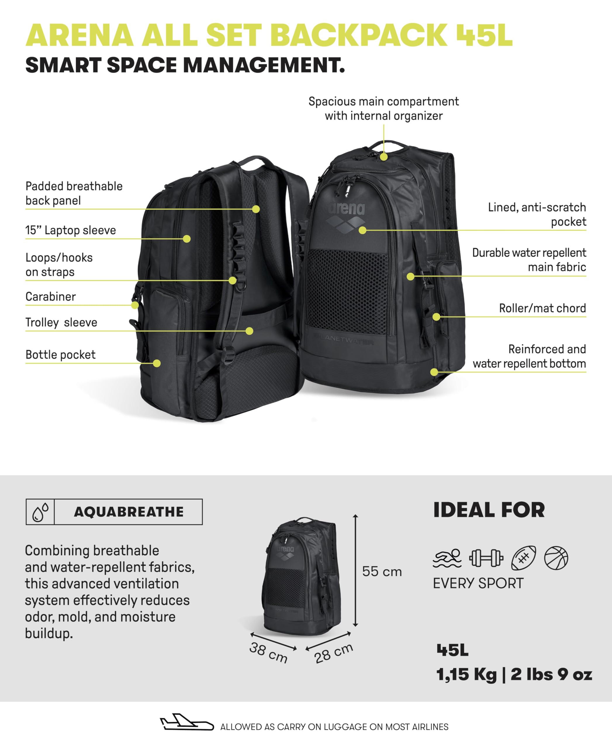 ARENA All Set Sports Swim Backpack Athletes Gym Rucksack Multisport Daypack Large Size Training Gear Equipment Bag 45 Liters - Image 3