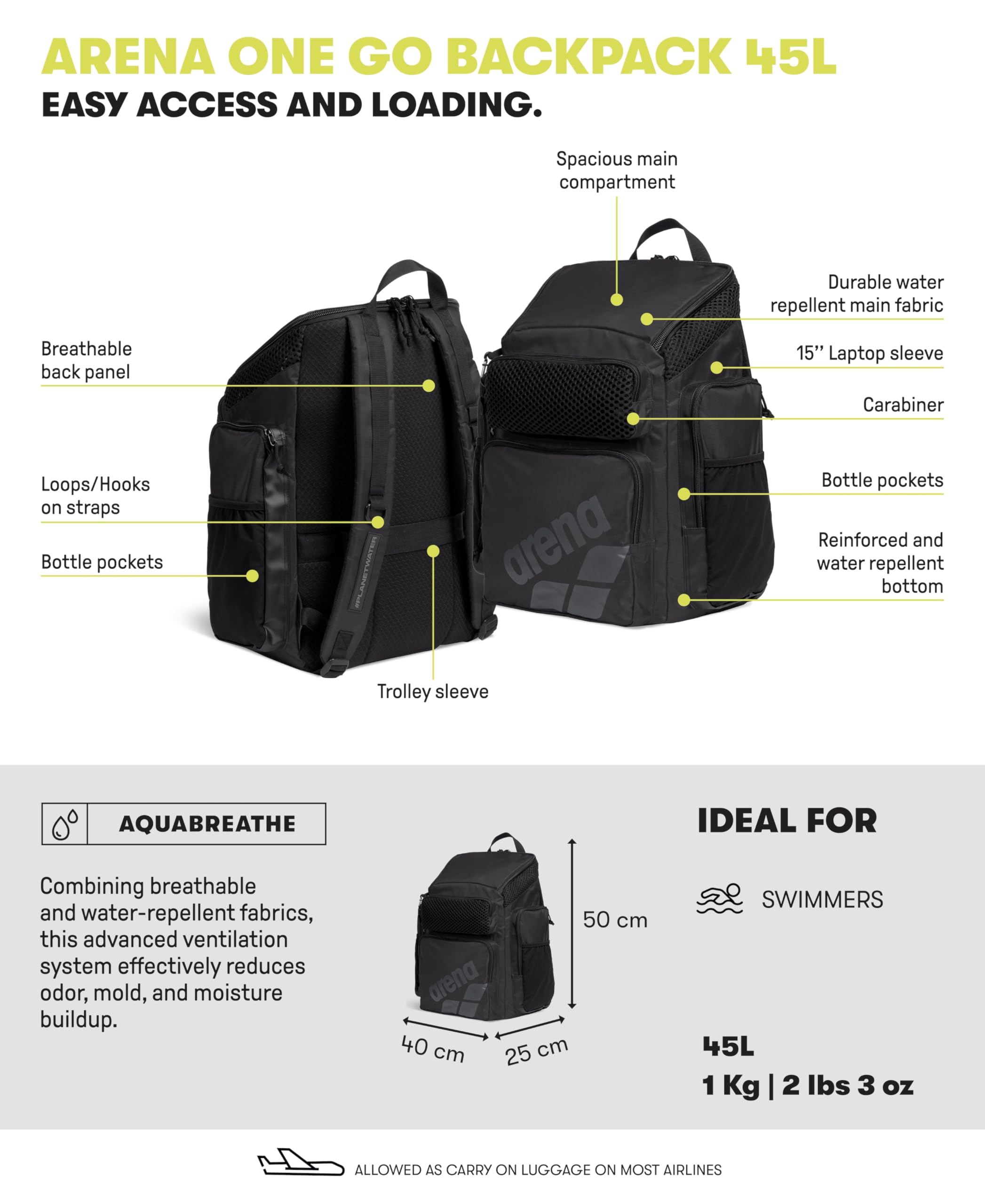 ARENA One Go Backpack 45 Liters Swimmer Athlete Daypack Large Size Equipment Swim Bag - Image 3