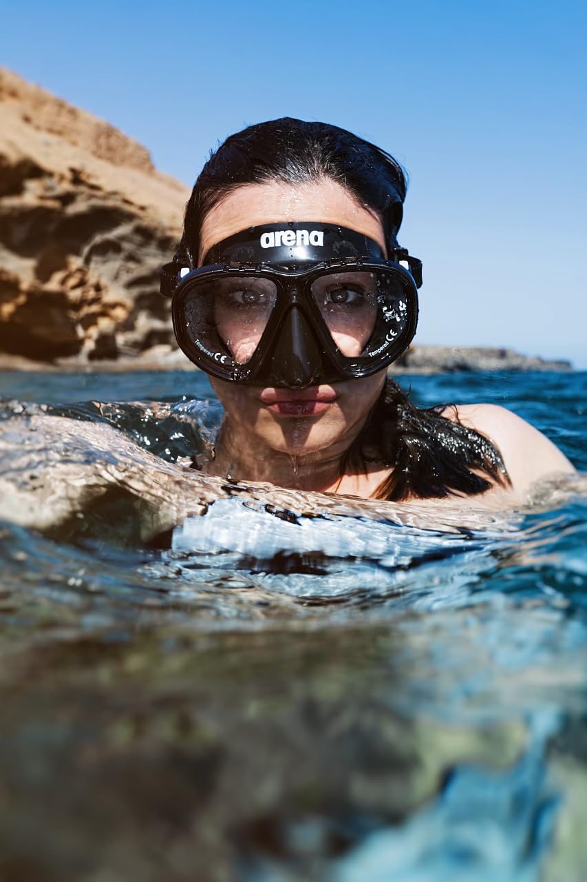 Arena Unisex Adult Premium Snorkeling Gear Set Tempered Double Lens Mask Large Strap, Black/Clear/Black - Image 4