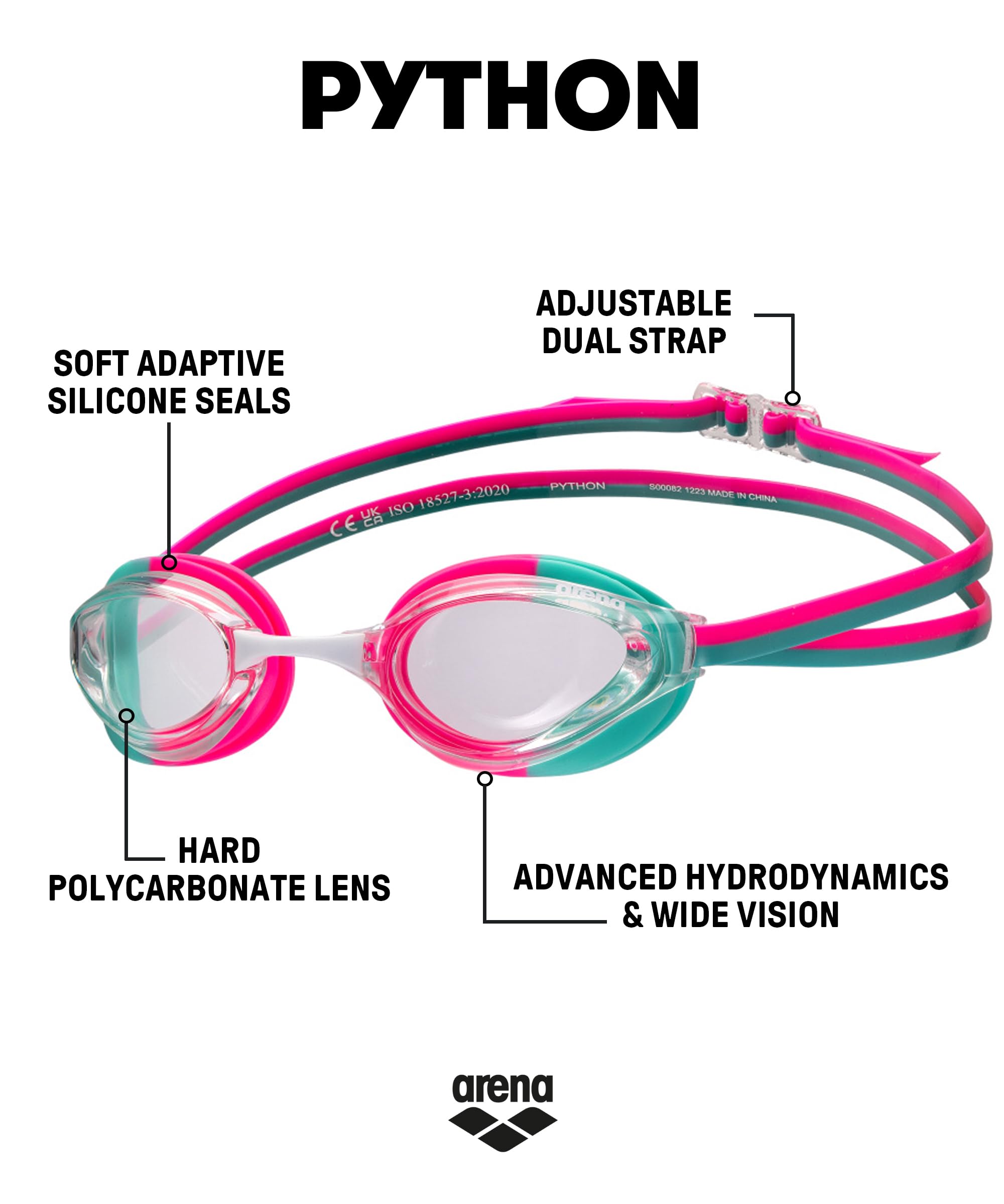 ARENA Unisex Python Racing Swim Goggles for Men and Women Anti-Fog No Leak Max Comfort Dual Strap, Mirror/Non-Mirror Lens - Image 3